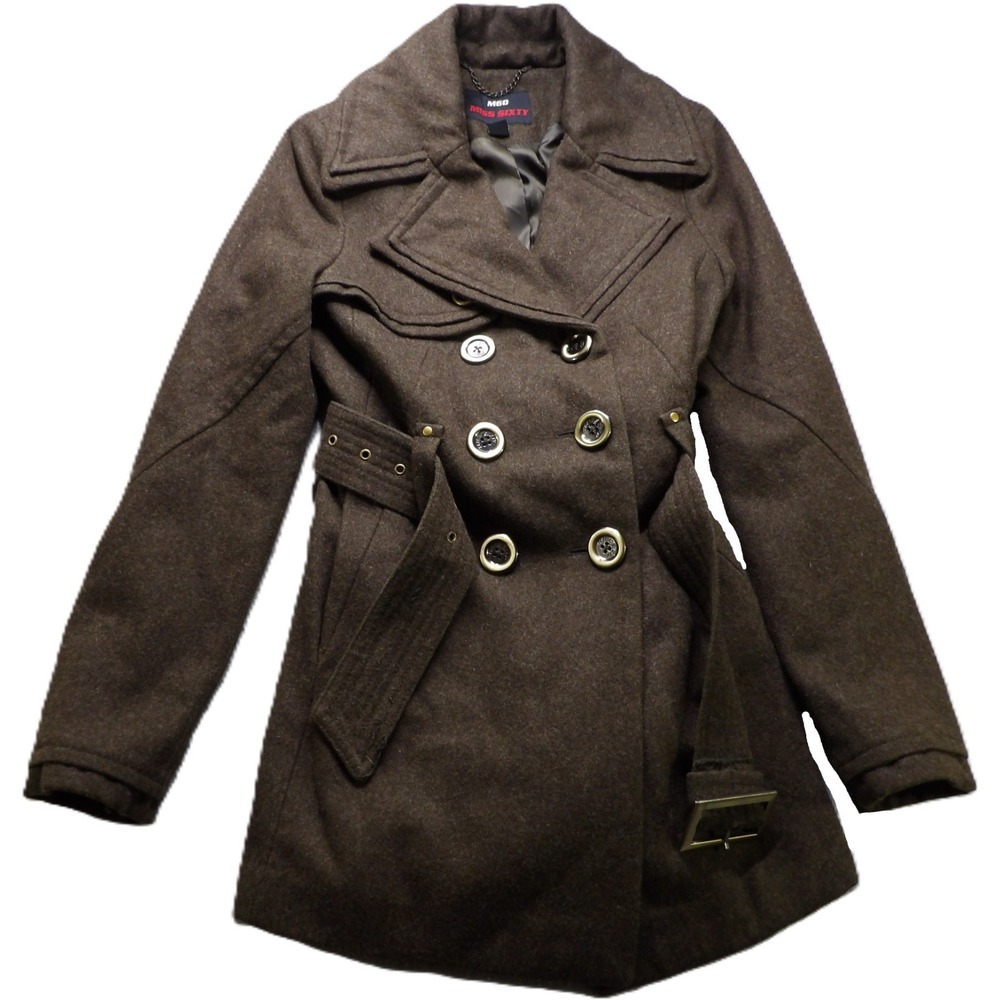 VTG Y2K Miss Sixty Brown Wool Trench Pea Coat Women Small Belted Double Breasted